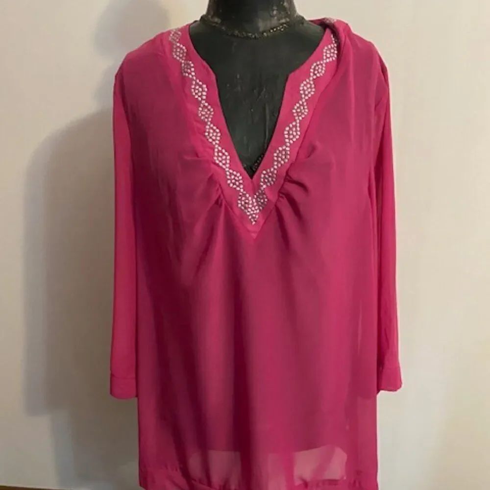 Catalina Pink Sheer embellished V-neck swimsuit coverup, size XL (16/18)